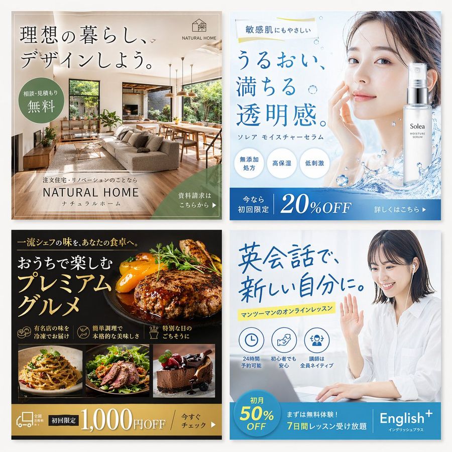 2x2 Japanese Web Banner Ad Grid — GPT Image 2 image prompt example