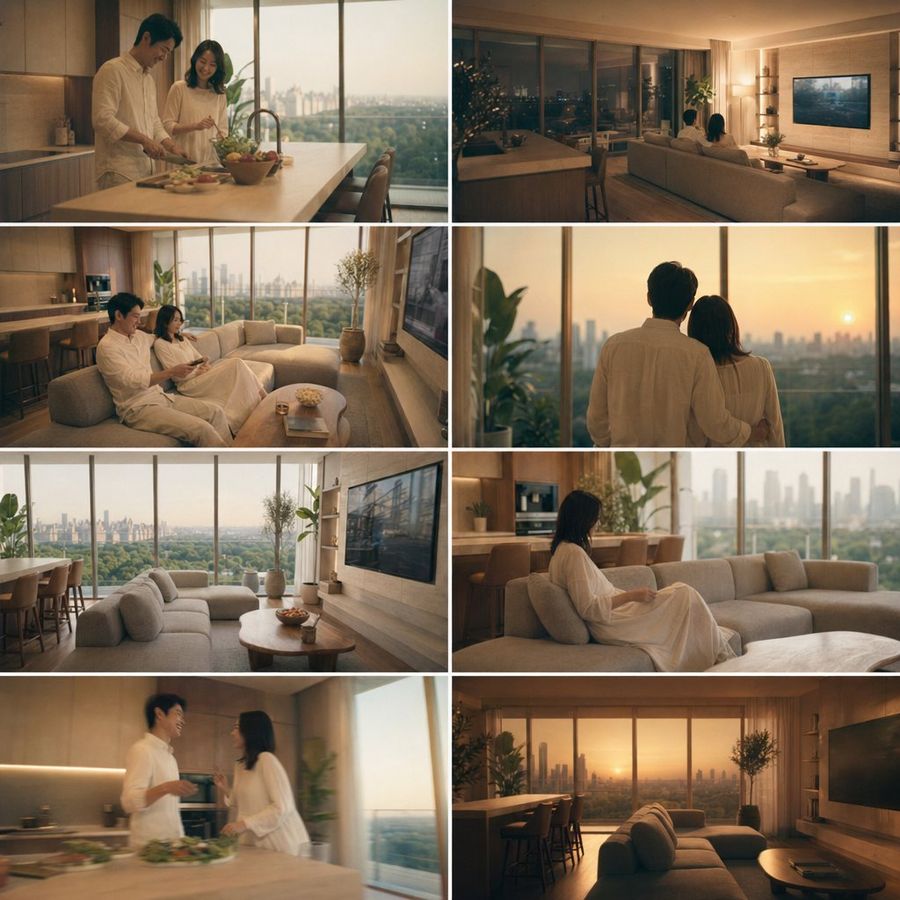8 Panel Luxury Apartment Couple Collage — GPT Image 2 image prompt example