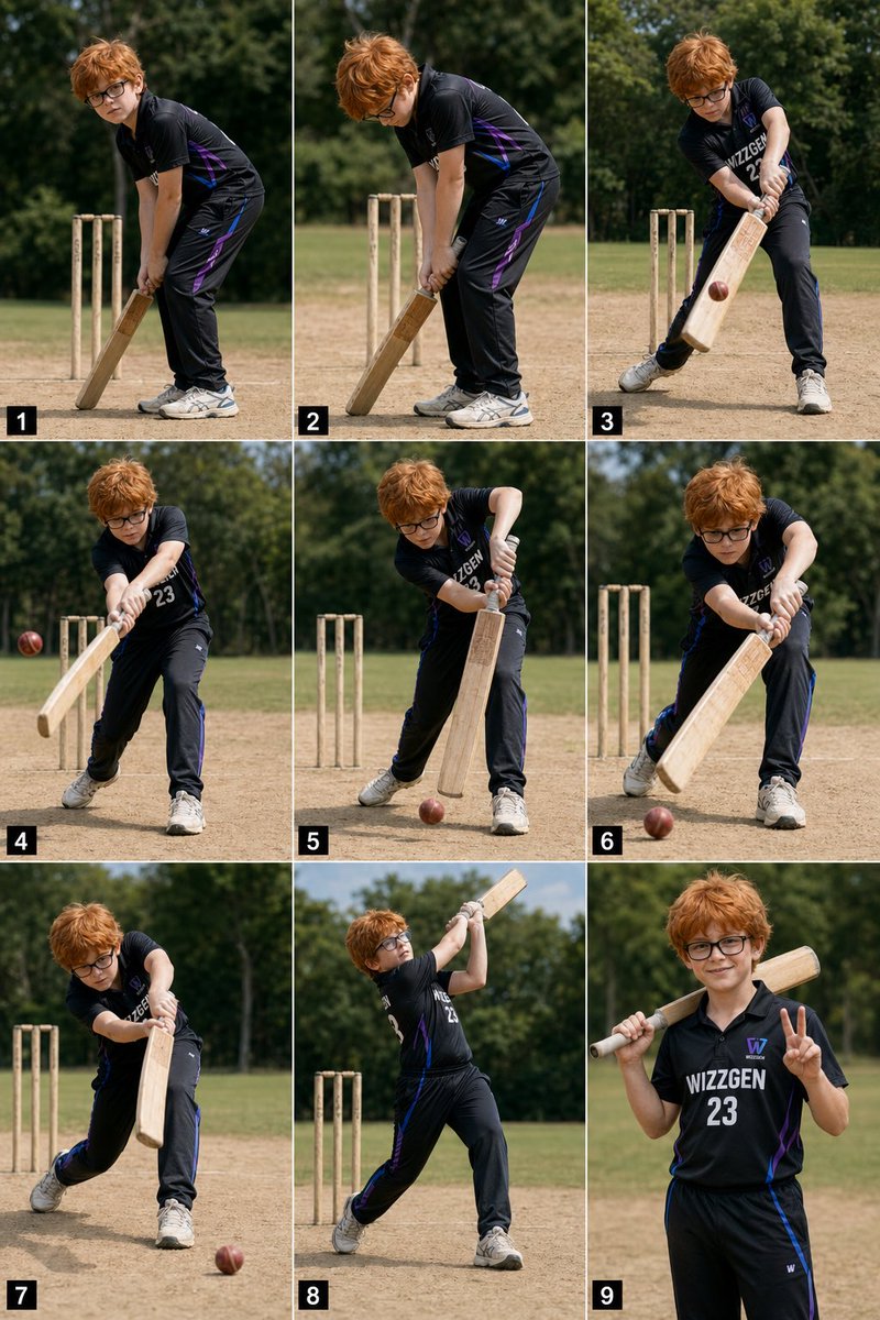 9 Panel Boy Cricket Action Collage — GPT Image 2 image prompt example