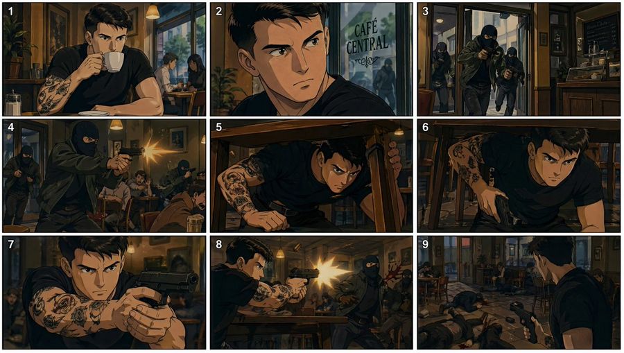 90s Anime Cafe Shootout Storyboard — GPT Image 2 image prompt example