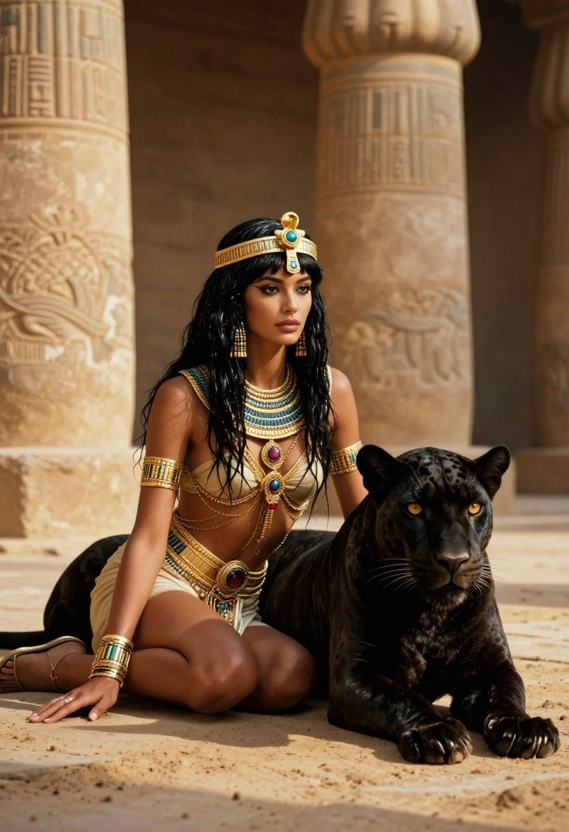Ancient Egyptian Queen With Black Panther — GPT Image 2 image prompt example