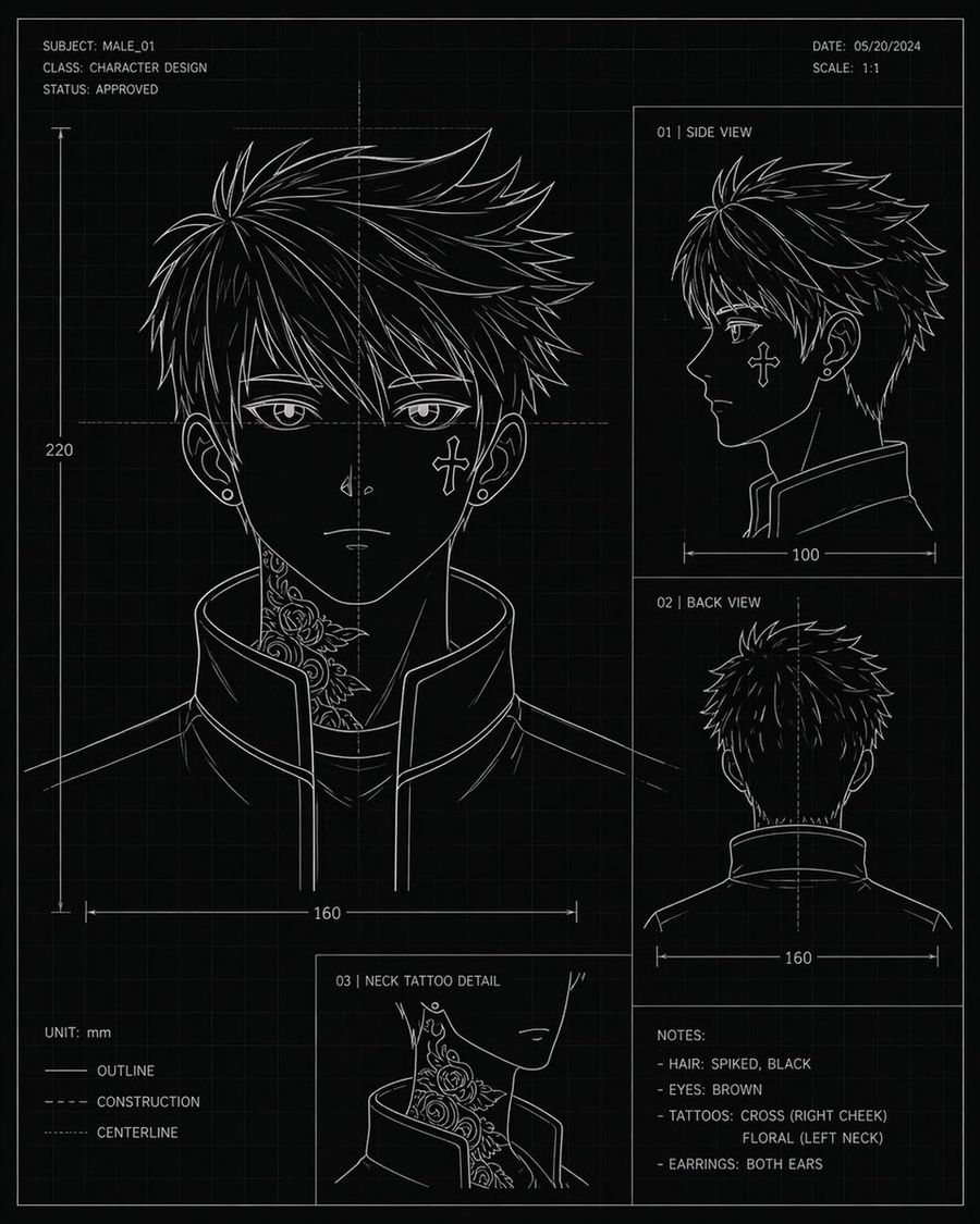 Anime Character Blueprint Sheet — GPT Image 2 image prompt example