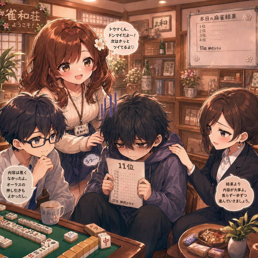 Anime Mahjong Loss Consolation Scene — GPT Image 2 image prompt example