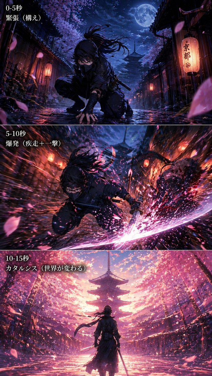 Anime Ninja Kyoto Triptych — GPT Image 2 image prompt example