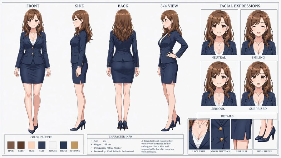 Anime Office Lady Reference Sheet — GPT Image 2 image prompt example