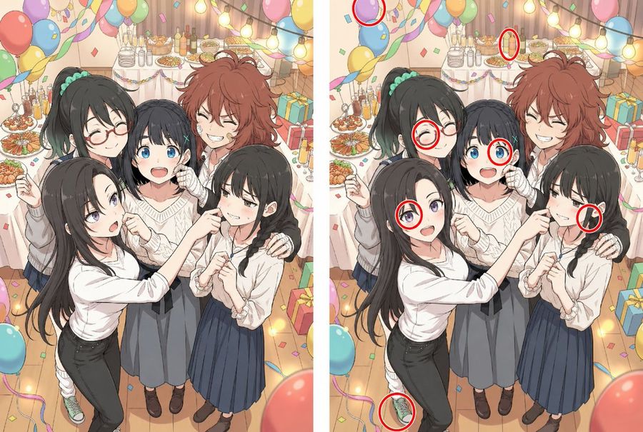 Anime Party Difference Game — GPT Image 2 image prompt example