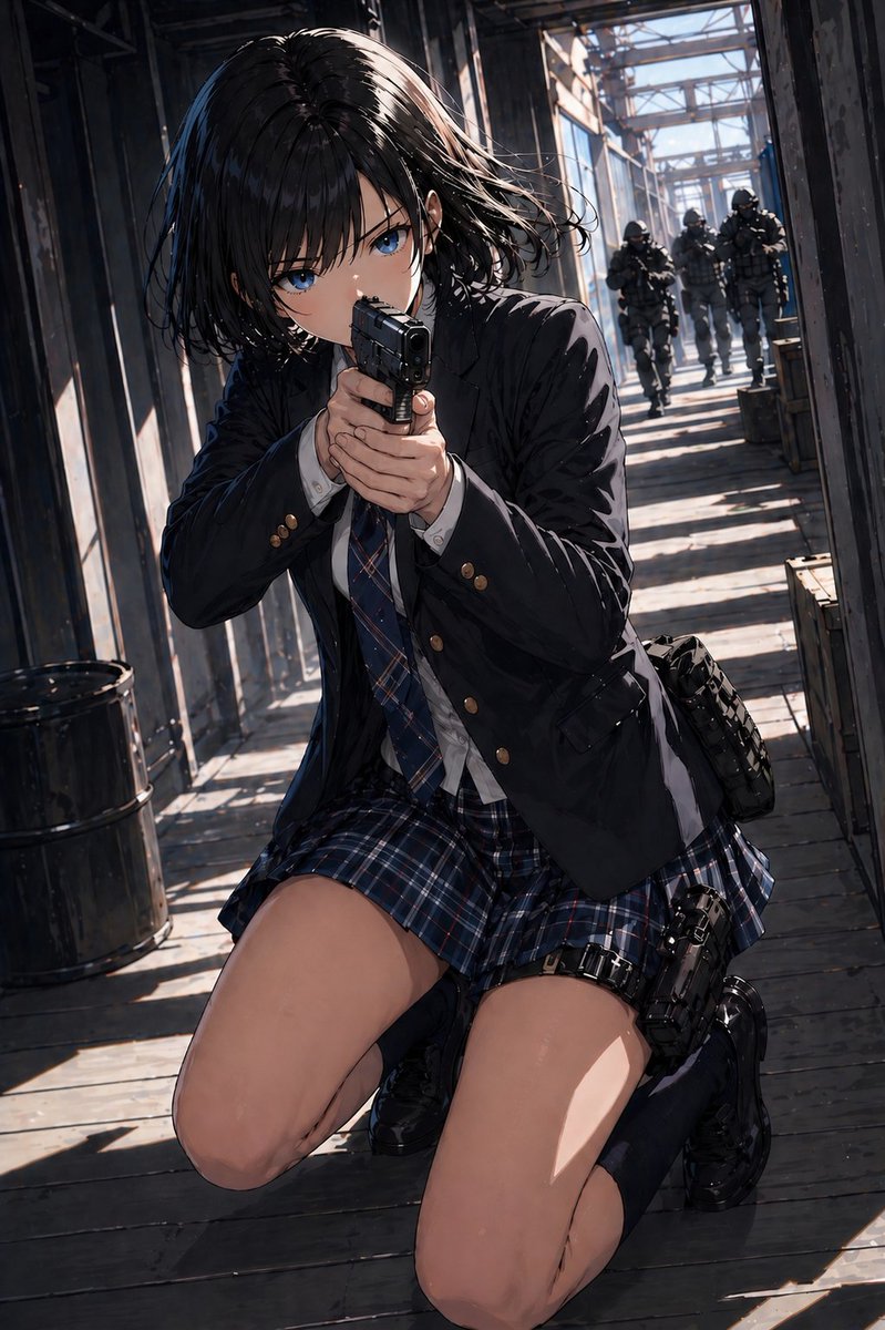 Anime Schoolgirl Gunfight On Industrial Walkway — GPT Image 2 image prompt example