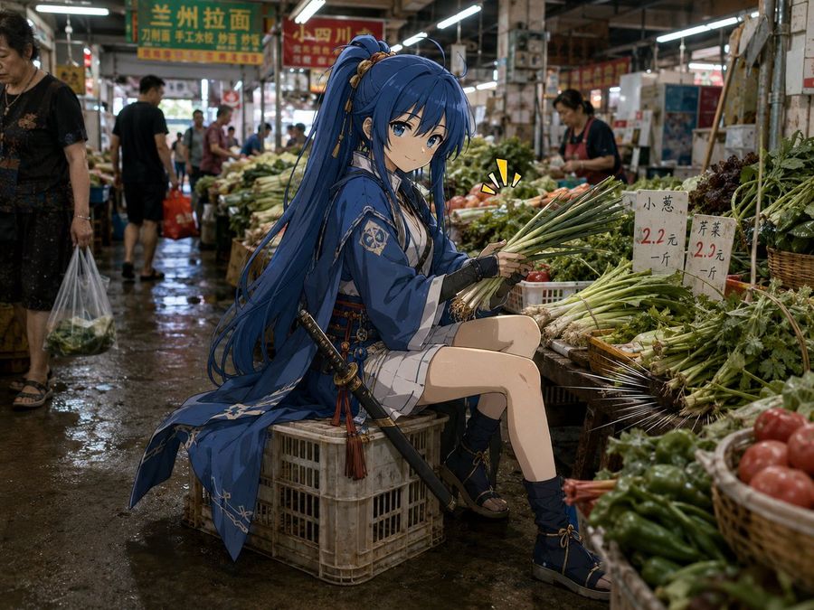 Anime Swordswoman Market — GPT Image 2 image prompt example