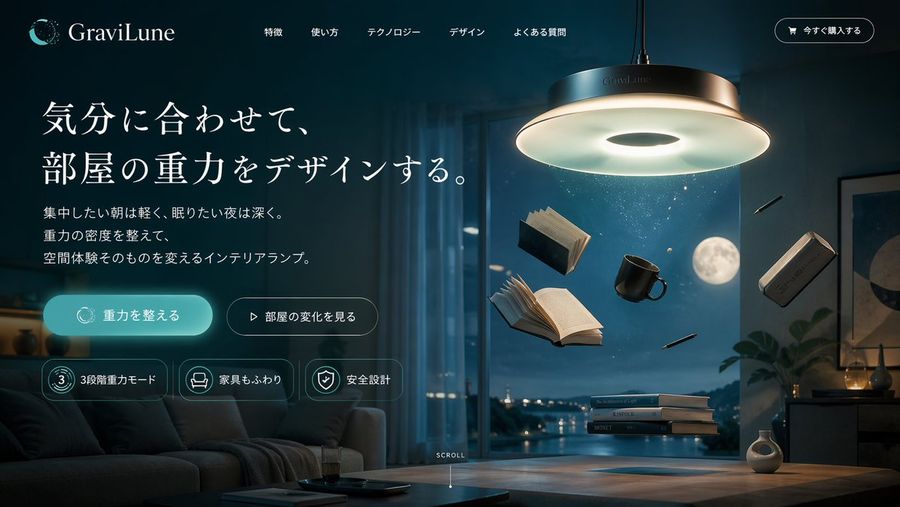 Anti Gravity Lamp Landing Page — GPT Image 2 image prompt example
