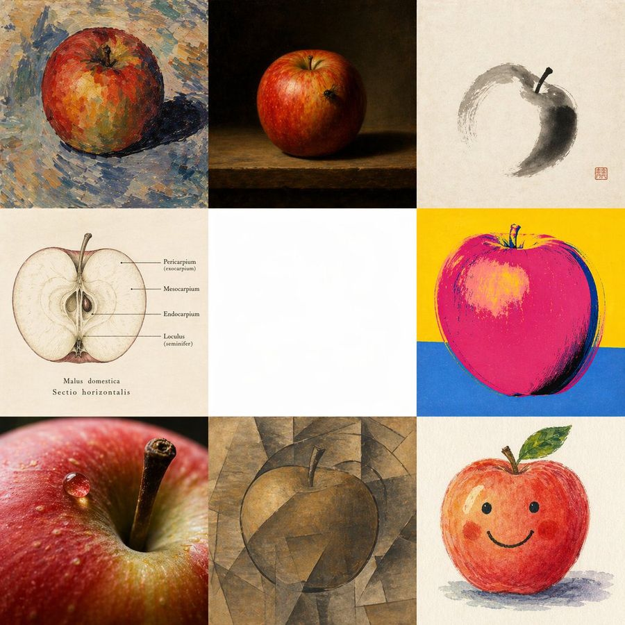 Apple In Eight Visual Grammars — GPT Image 2 image prompt example