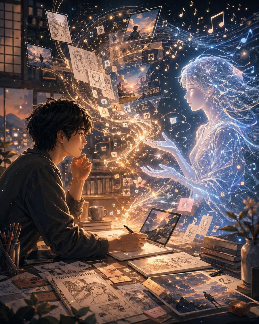 Artist And Ethereal Muse At Night — GPT Image 2 image prompt example