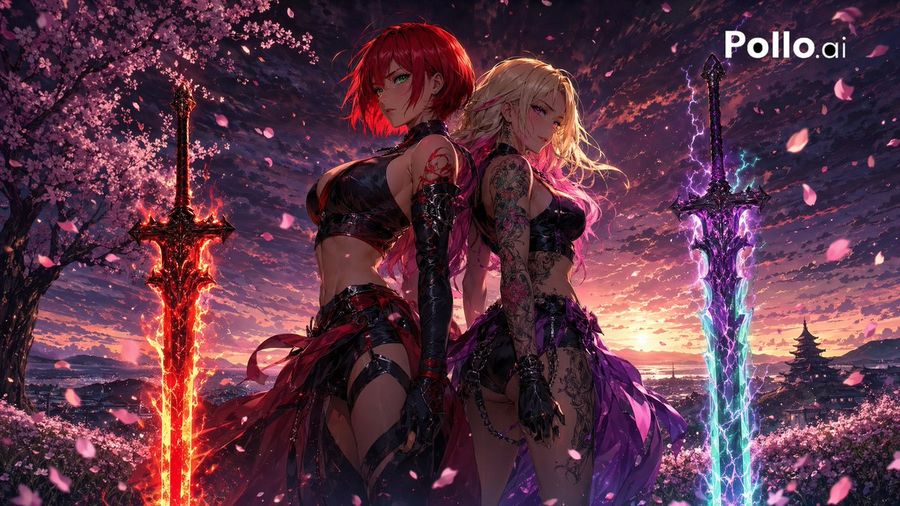 Back To Back Sirens In Sakura Dusk — GPT Image 2 image prompt example