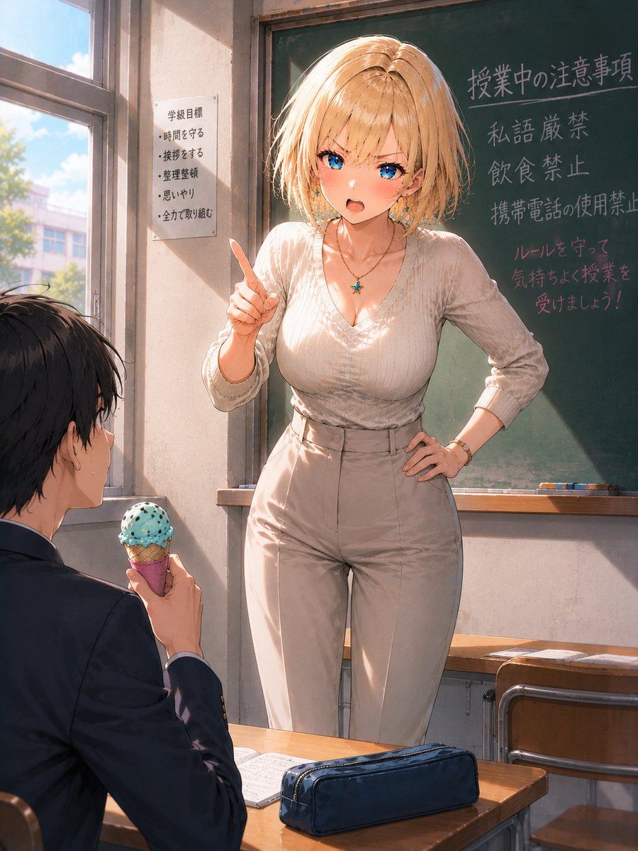Blonde Anime Teacher Classroom — GPT Image 2 image prompt example