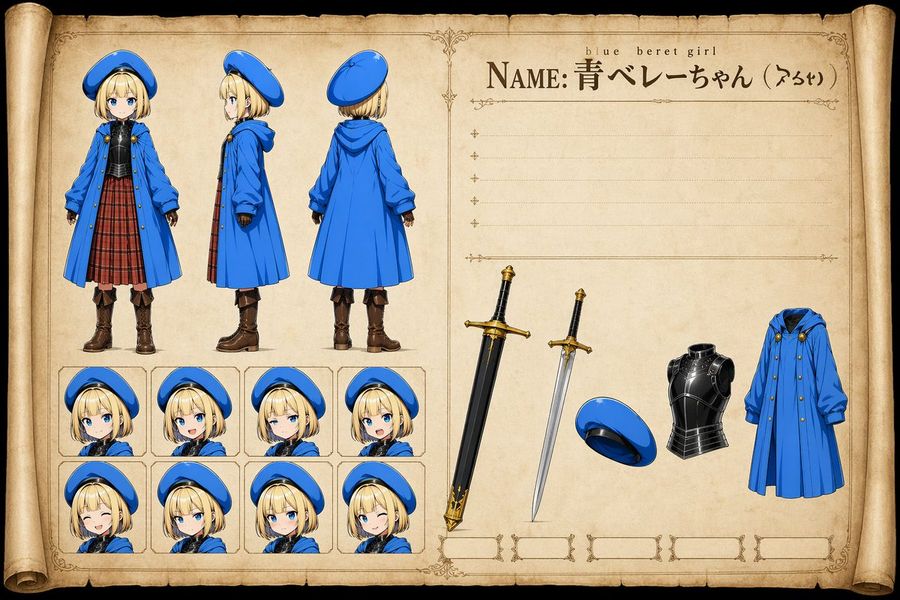Blue Beret Girl Reference Sheet — GPT Image 2 image prompt example