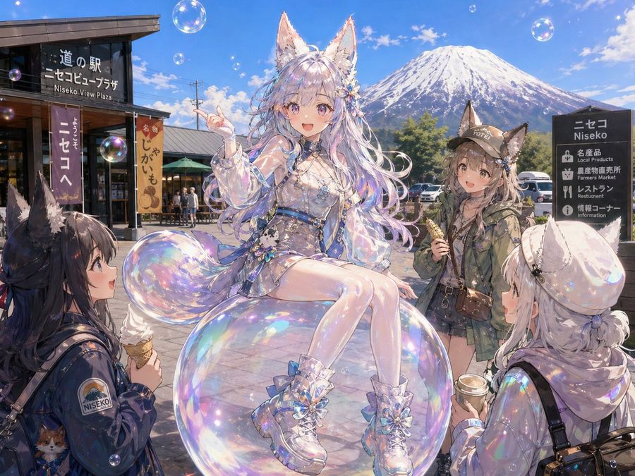 Bubble Fox Friends Meet In Niseko — GPT Image 2 image prompt example