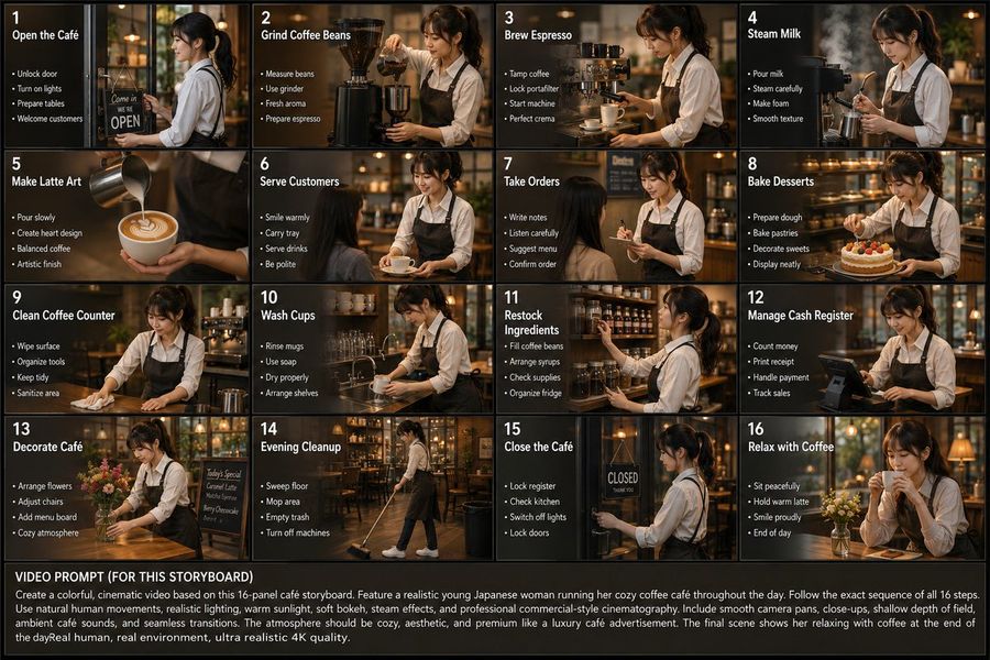 Cafe Daily Routine Cinematic Storyboard — GPT Image 2 image prompt example