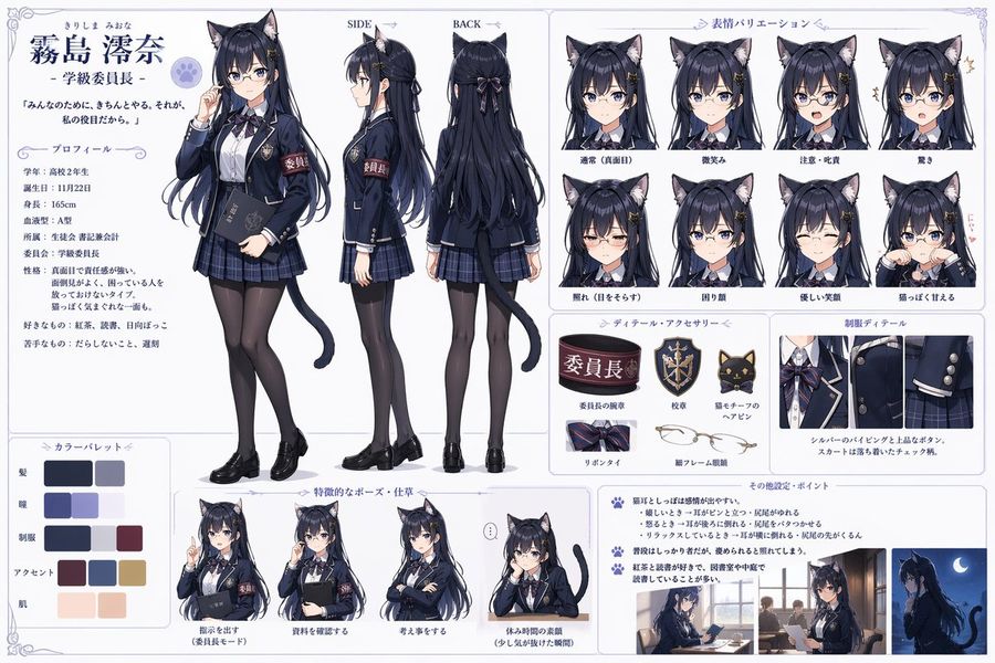 Catgirl Student Council Reference Sheet — GPT Image 2 image prompt example