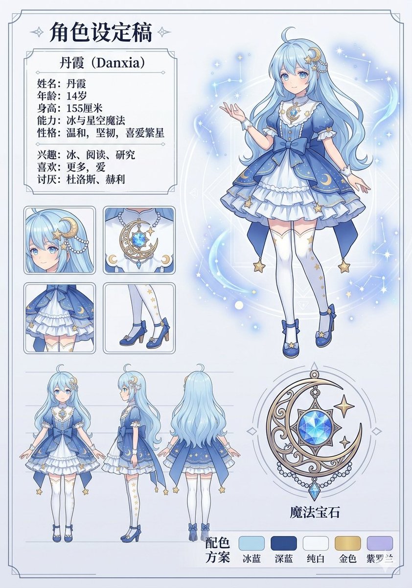 Celestial Blue Character Design Sheet — GPT Image 2 image prompt example
