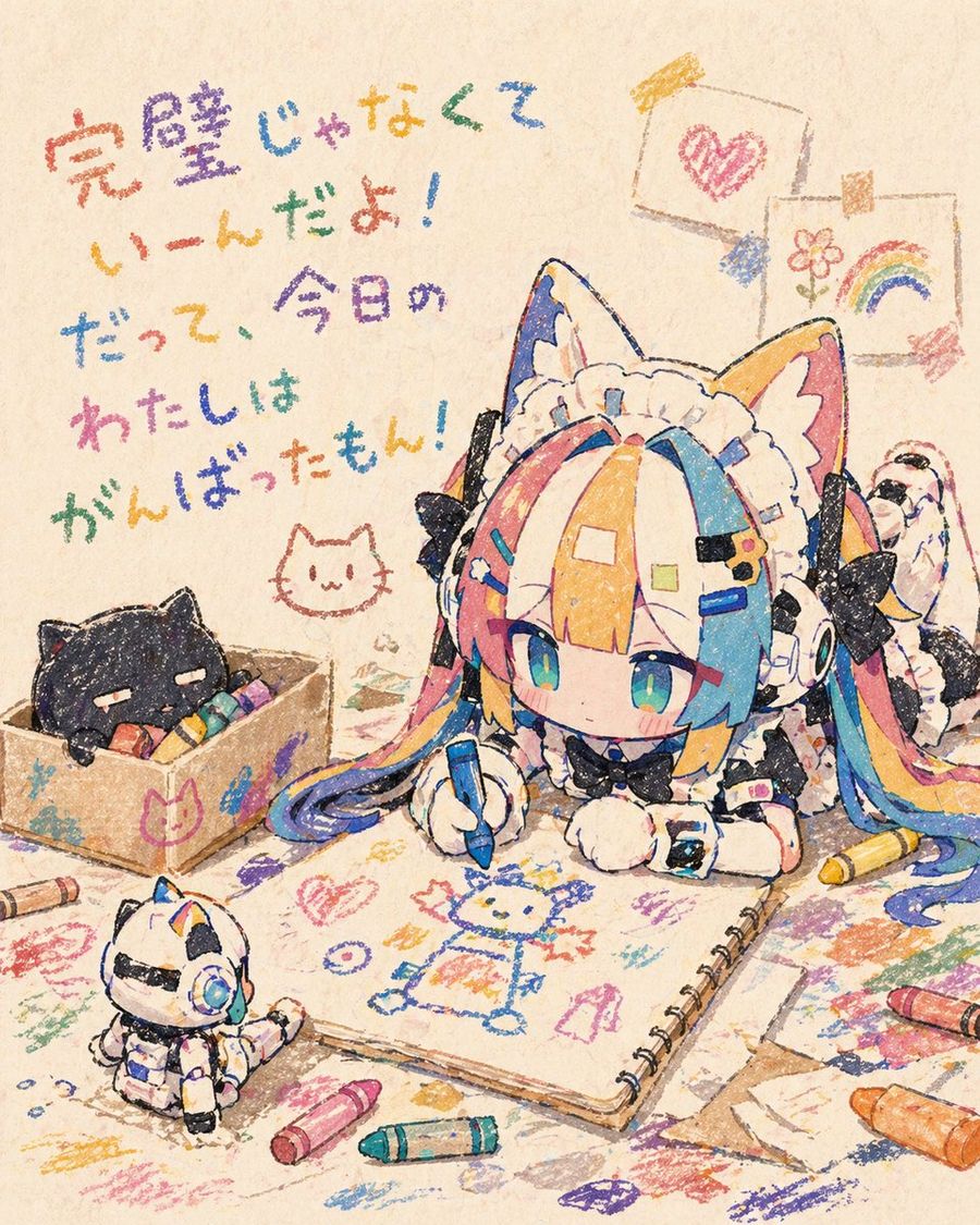 Chibi Cat Maid Crayon Art Scene — GPT Image 2 image prompt example