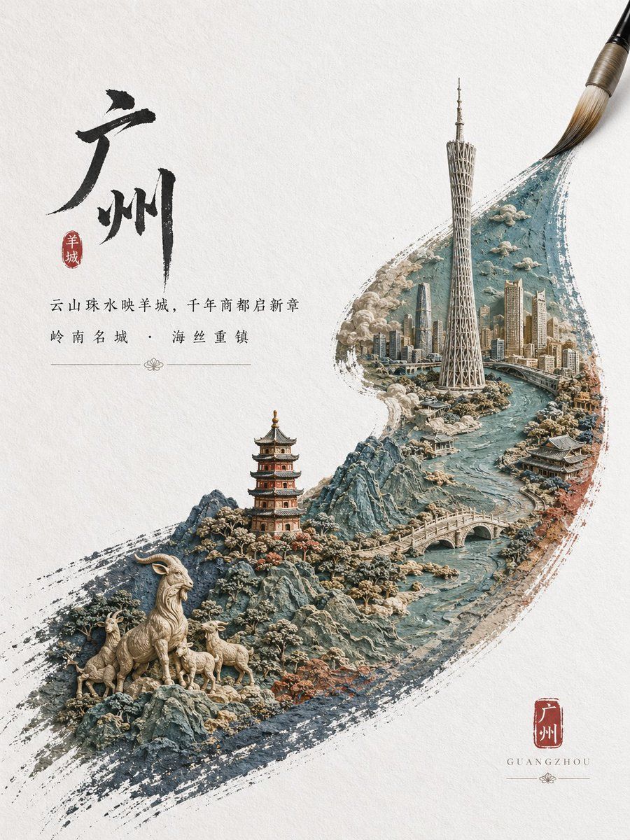 Chinese City Brushstroke Poster by @AIGCLabb — GPT Image 2 image prompt example
