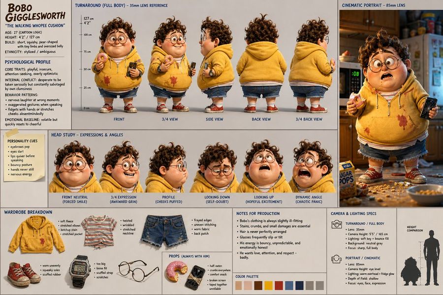Cinematic Character Design Sheet — GPT Image 2 image prompt example