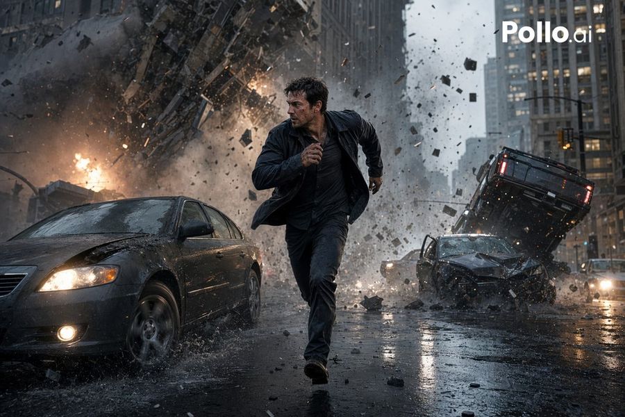 Cinematic City Explosion Chase — GPT Image 2 image prompt example