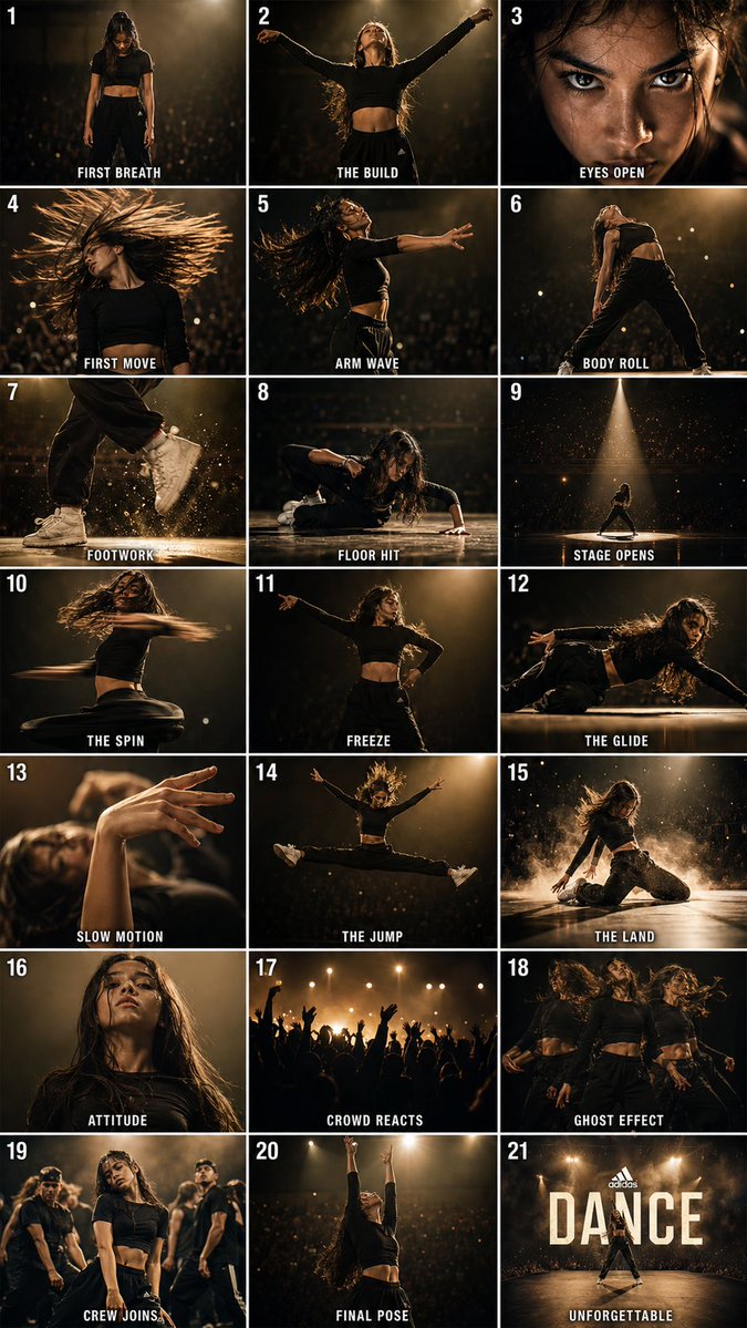 Cinematic Dance Routine Storyboard — GPT Image 2 image prompt example
