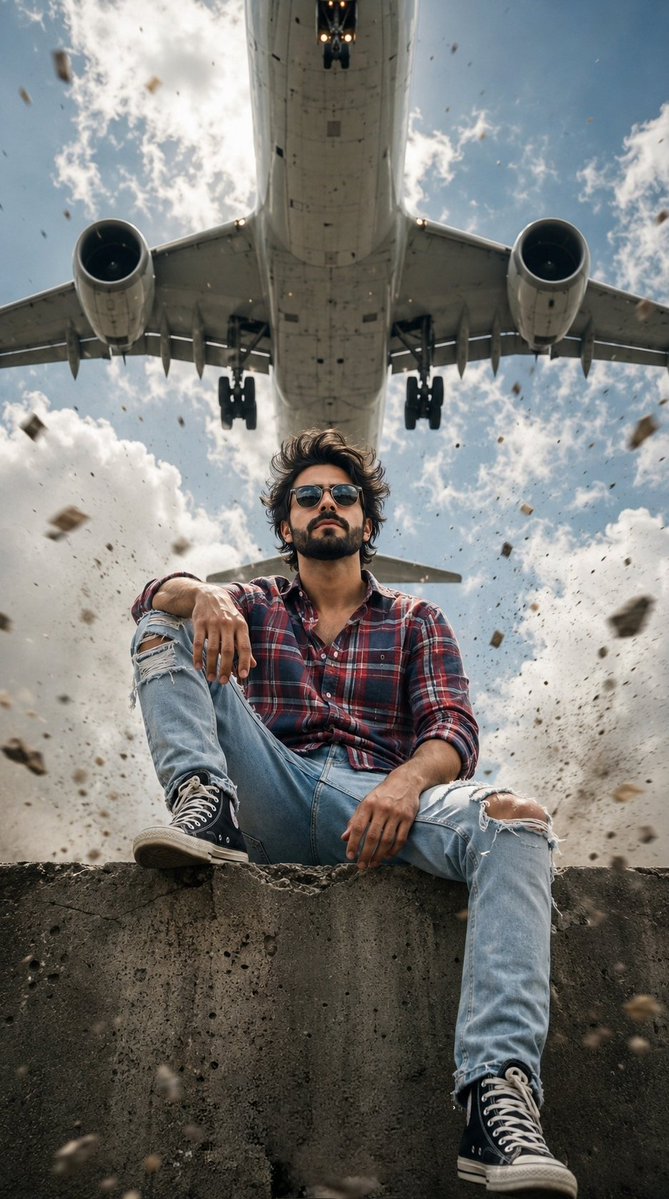 Cinematic Low Angle Airplane Portrait — GPT Image 2 image prompt example