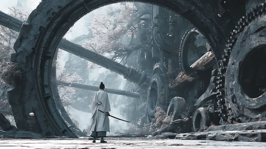 Cinematic Mechanical Ruin Swordsman — GPT Image 2 image prompt example