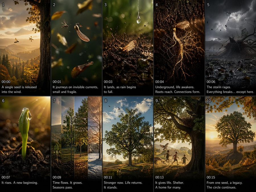 Cinematic Seed Life Storyboard Grid — GPT Image 2 image prompt example