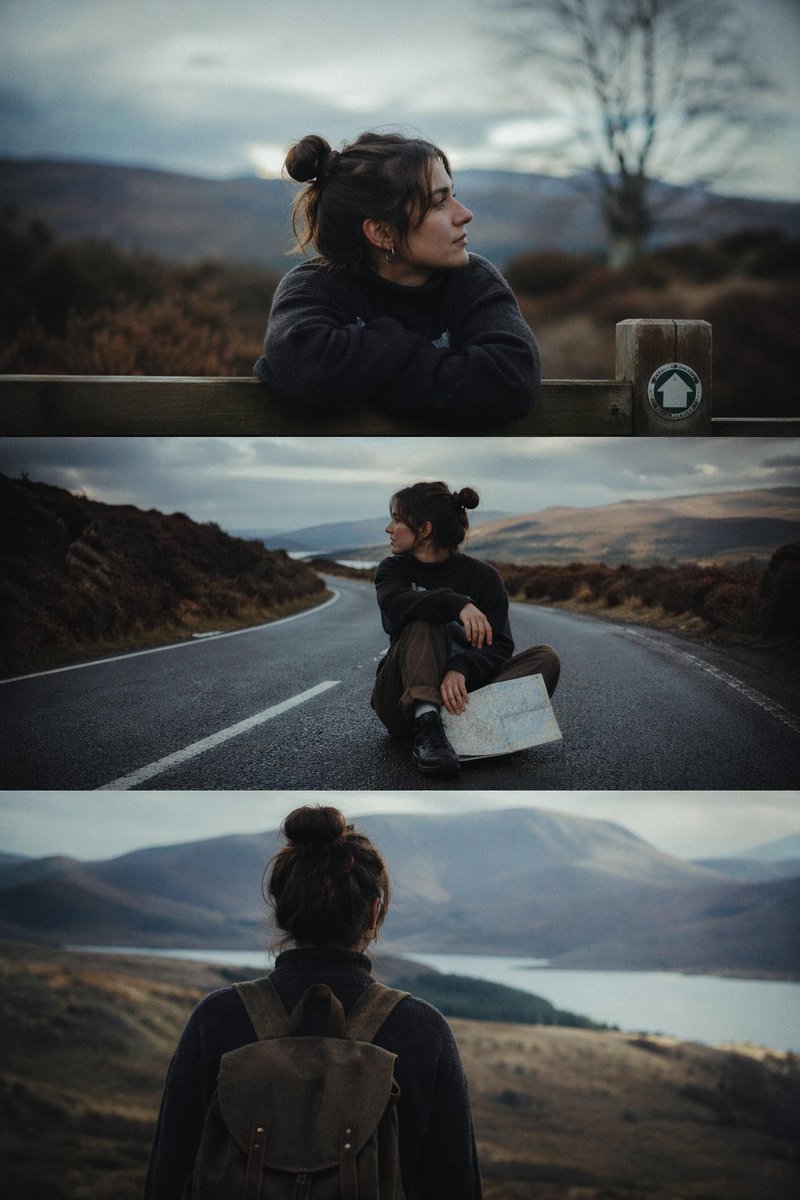 Cinematic Solo Travel Triptych — GPT Image 2 image prompt example