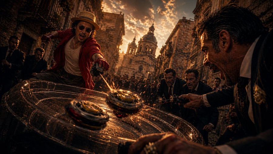 Cinematic Spinning Top Street Duel — GPT Image 2 image prompt example