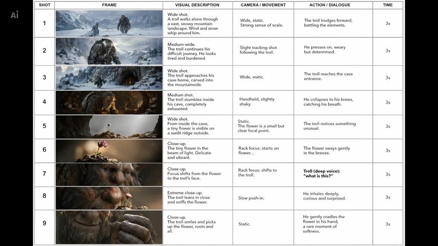 Cinematic Storyboard The Mountain Troll — GPT Image 2 image prompt example
