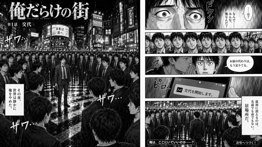 Clone Crowd Manga Spread — GPT Image 2 image prompt example