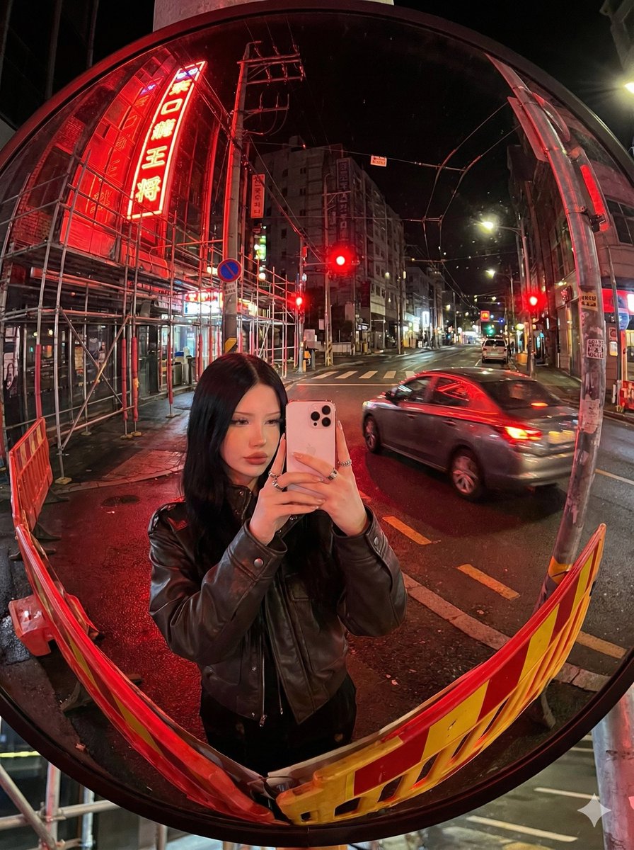 Convex Mirror Neon Street Selfie — GPT Image 2 image prompt example
