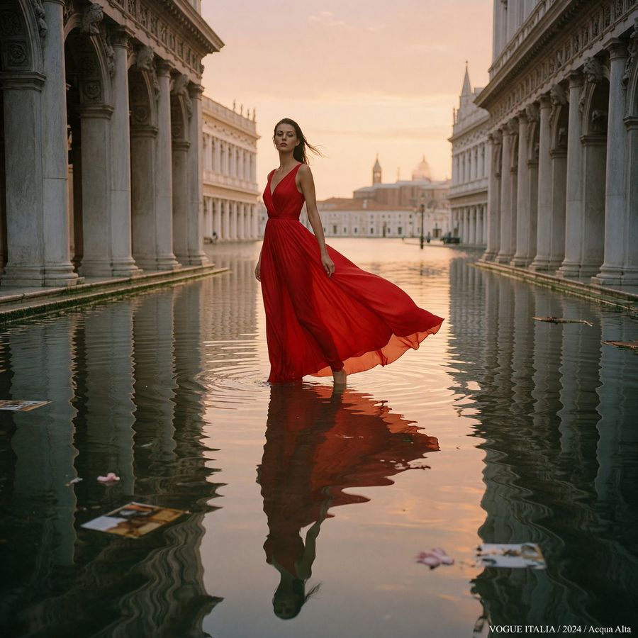 Crimson Gown Flooded Venice — GPT Image 2 image prompt example