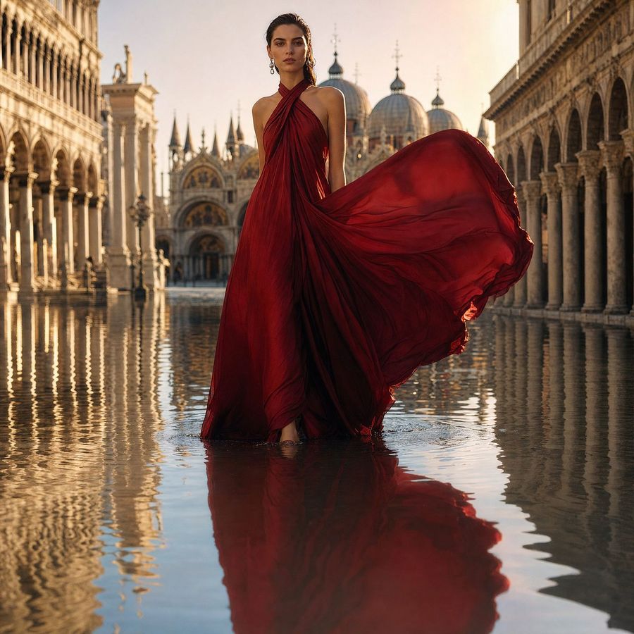 Crimson Gown Venice Editorial — GPT Image 2 image prompt example