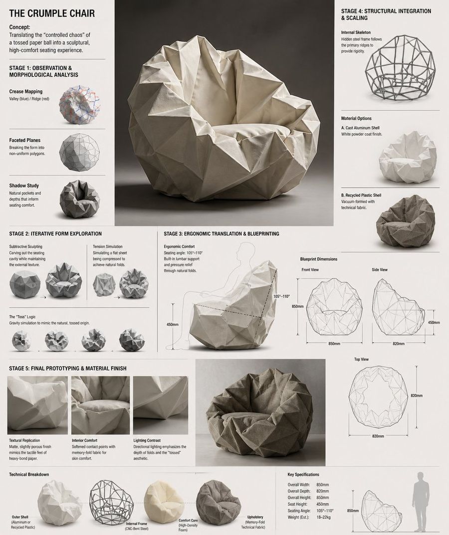 Crumple Paper Furniture Design Concept — GPT Image 2 image prompt example