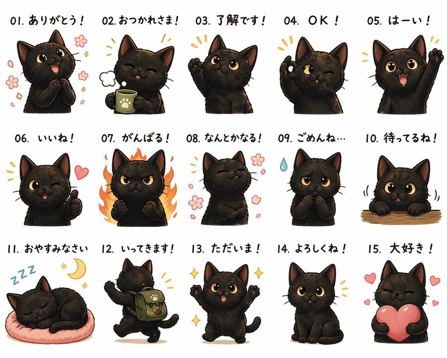 Cute Black Cat Japanese Sticker Sheet — GPT Image 2 image prompt example
