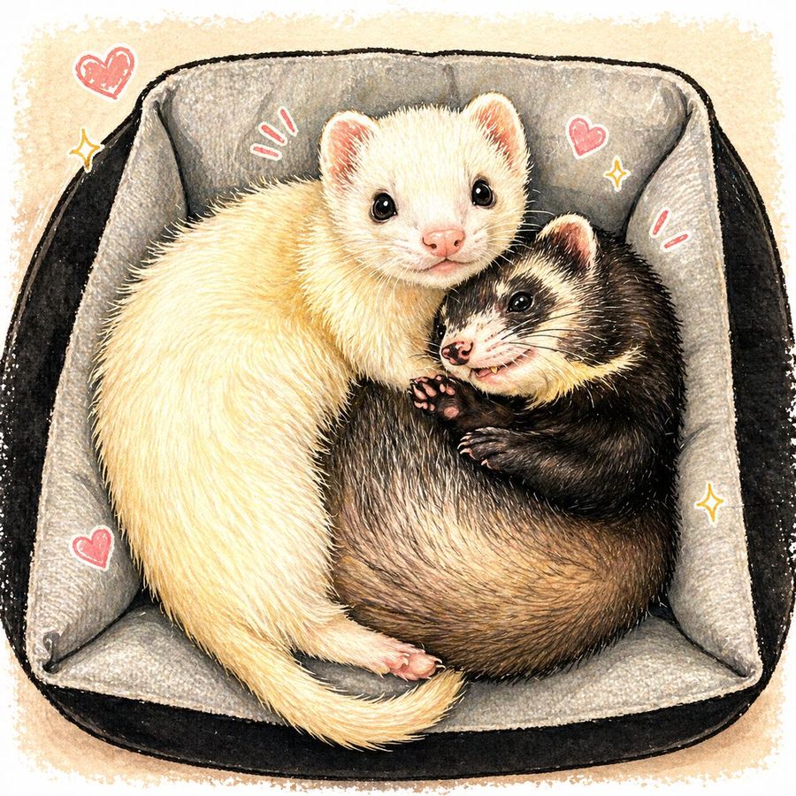 Cute Cuddling Ferrets Bed — GPT Image 2 image prompt example