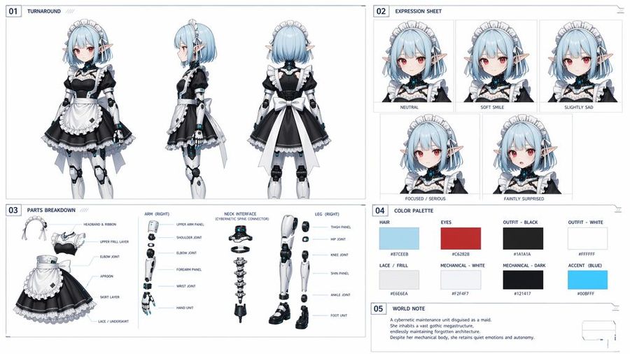 Cybernetic Character Reference Sheet — GPT Image 2 image prompt example