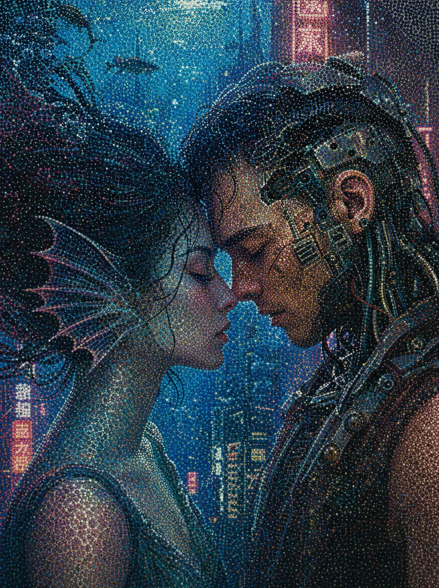 Cyberpunk Dot Art Near Kiss — GPT Image 2 image prompt example
