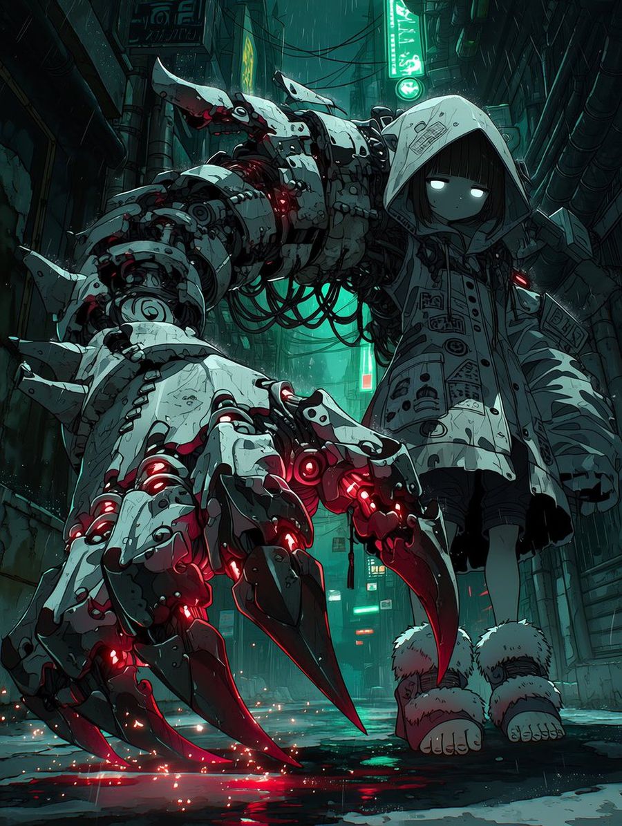Cyberpunk Girl With Giant Mech Claw — GPT Image 2 image prompt example