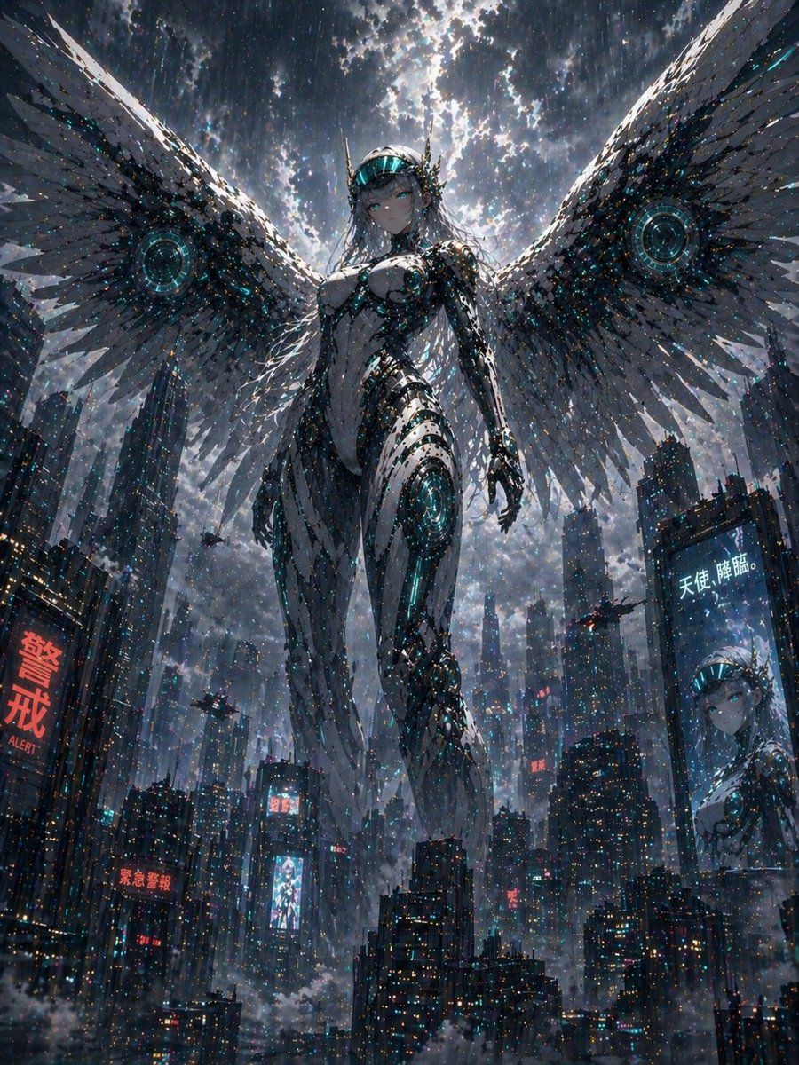 Cyberpunk Machine Angel Over Megacity — GPT Image 2 image prompt example