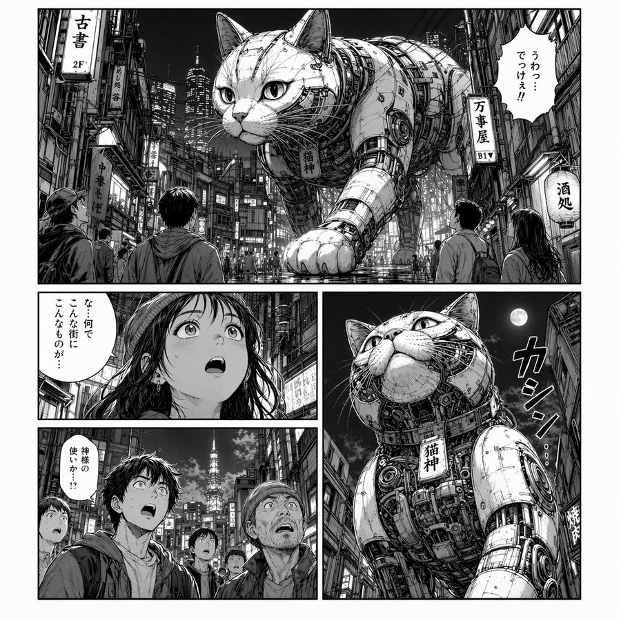Cyberpunk Manga Page Of A Giant Robot Cat — GPT Image 2 image prompt example