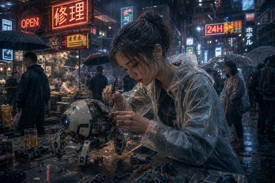 Cyberpunk Rainy Street Robot Repair — GPT Image 2 image prompt example