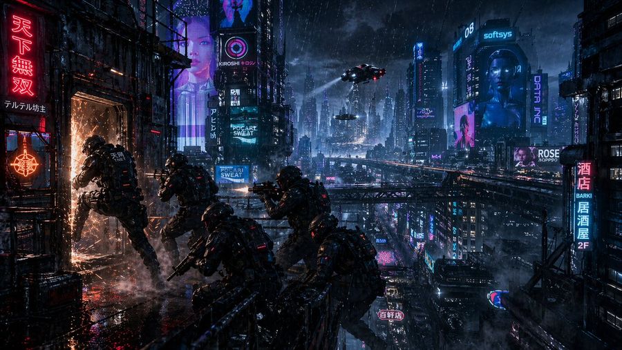 Cyberpunk Rooftop Breach Raid — GPT Image 2 image prompt example