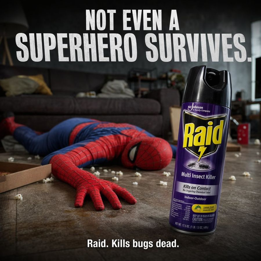 Dark Comedy Insect Spray Ad — GPT Image 2 image prompt example