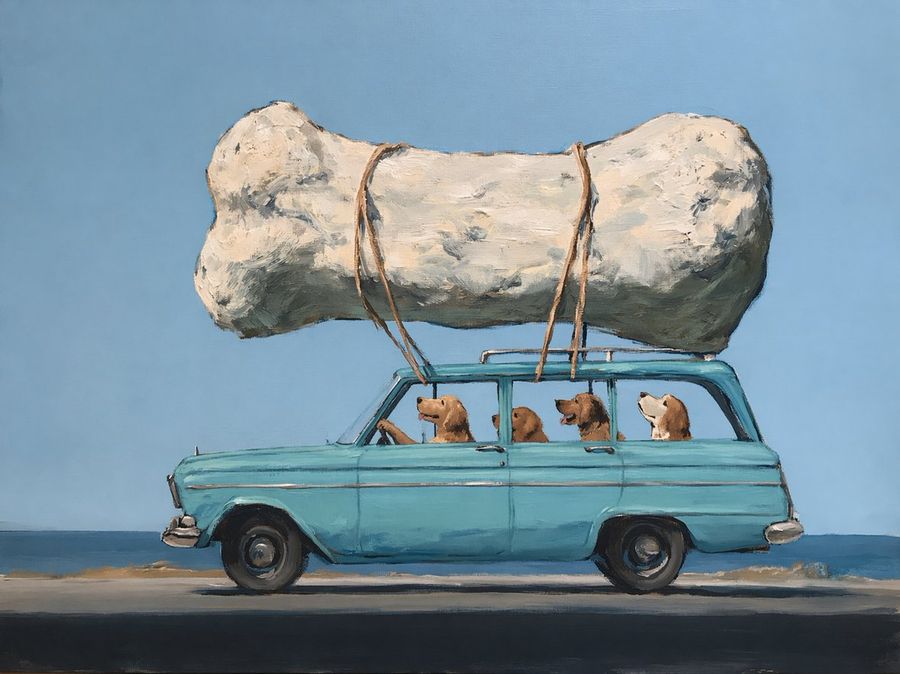 Dogs Carrying Giant Bone By The Sea — GPT Image 2 image prompt example