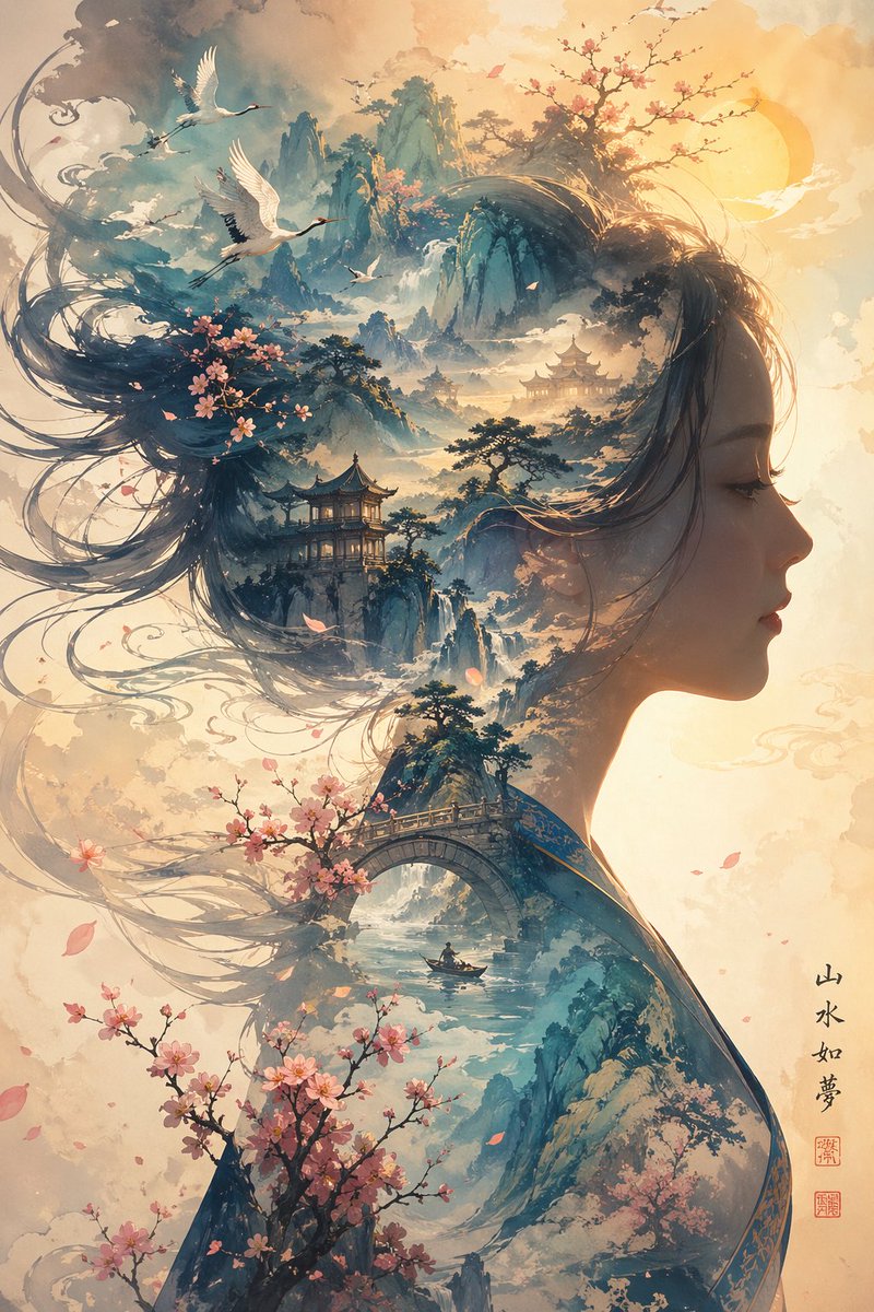 Dreamlike Shanshui Woman Silhouette — GPT Image 2 image prompt example